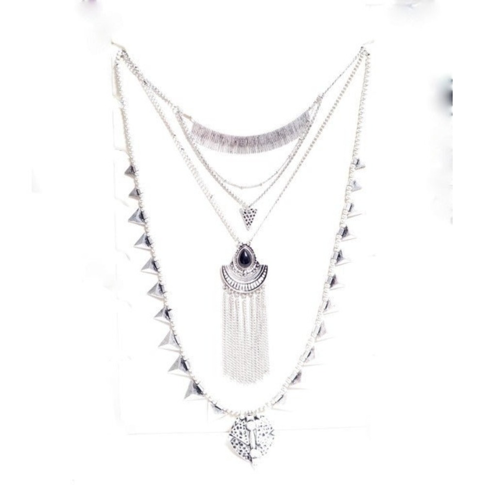 Silver Boho Multi Strand Layered Statement Necklace‎ Fringe Spikes Black Stone